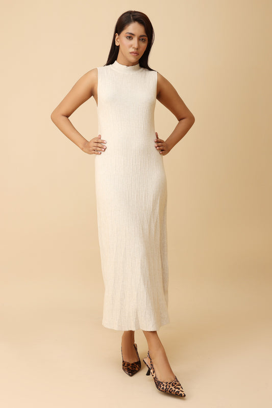 SLEEVELESS RIBBED KNIT DRESS-BEIGE