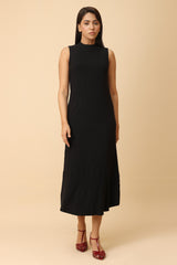 SLEEVELESS RIBBED KNIT DRESS-BLACK