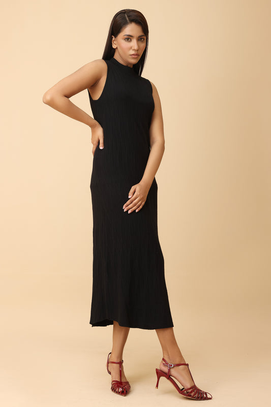 SLEEVELESS RIBBED KNIT DRESS-BLACK