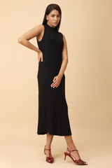 SLEEVELESS RIBBED KNIT DRESS-BLACK