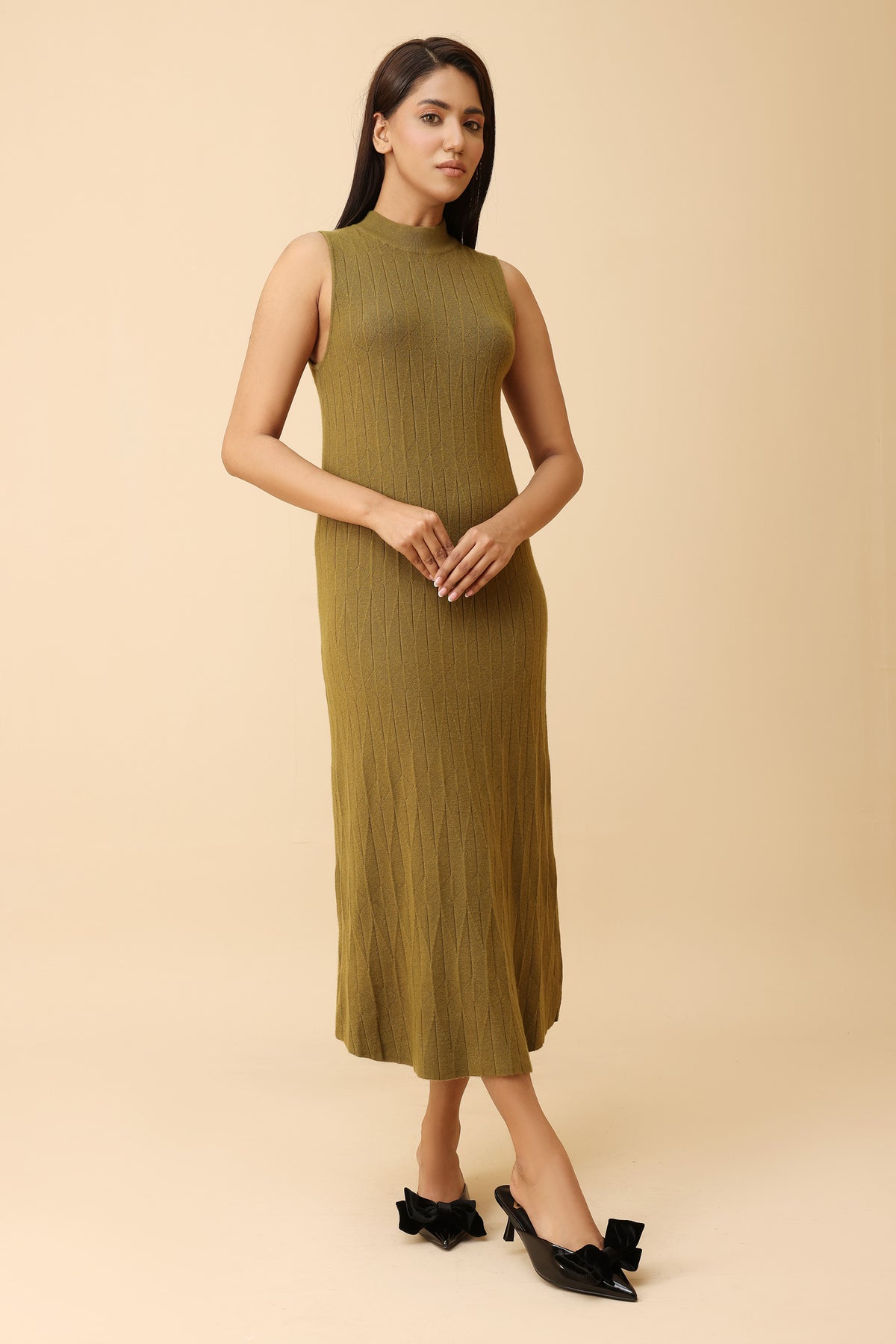 SLEEVELESS RIBBED KNIT DRESS-GREEN