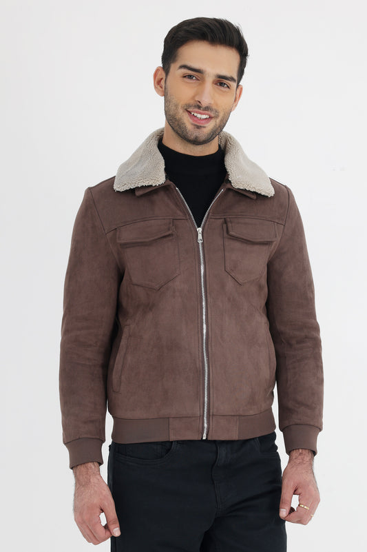 ALMAS URBAN SUEDE JACKET WITH FUR COLLAR-COFFEE