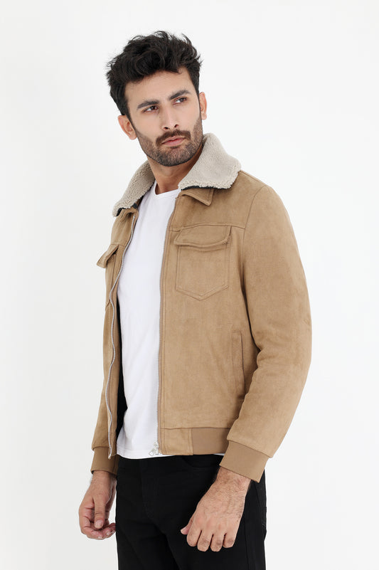 ALMAS URBAN SUEDE JACKET WITH FUR COLLAR-KHAKI