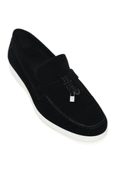 SUEDE LOAFERS WITH TASSEL AND METALLIC ACCENT-BLACK