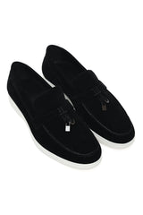 SUEDE LOAFERS WITH TASSEL AND METALLIC ACCENT-BLACK