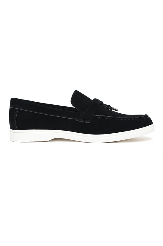 SUEDE LOAFERS WITH TASSEL AND METALLIC ACCENT-BLACK