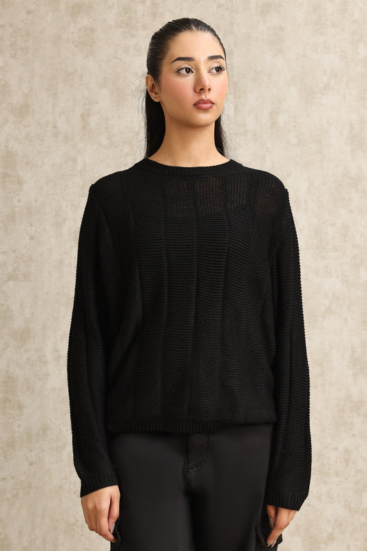 CASUAL MESH KNIT SWEATER-BLACK