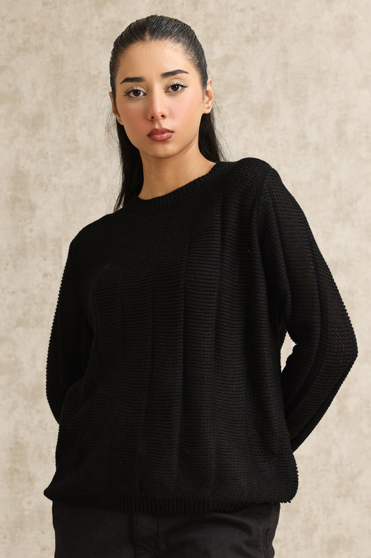 CASUAL MESH KNIT SWEATER-BLACK