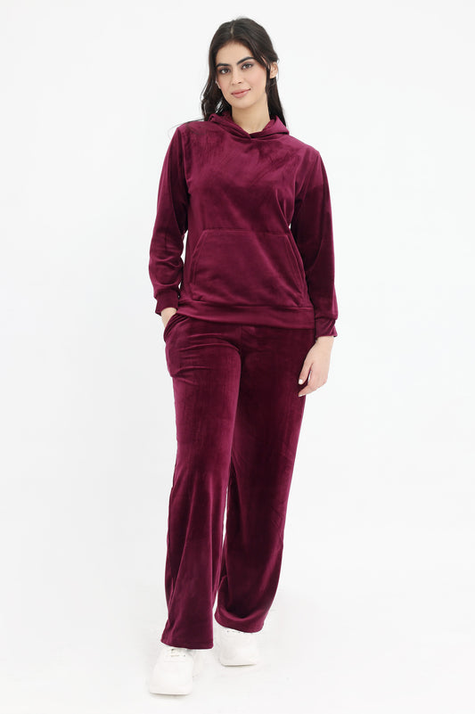 LUXE VELOUR HOODIE LOUNGE SET-BURGUNDY