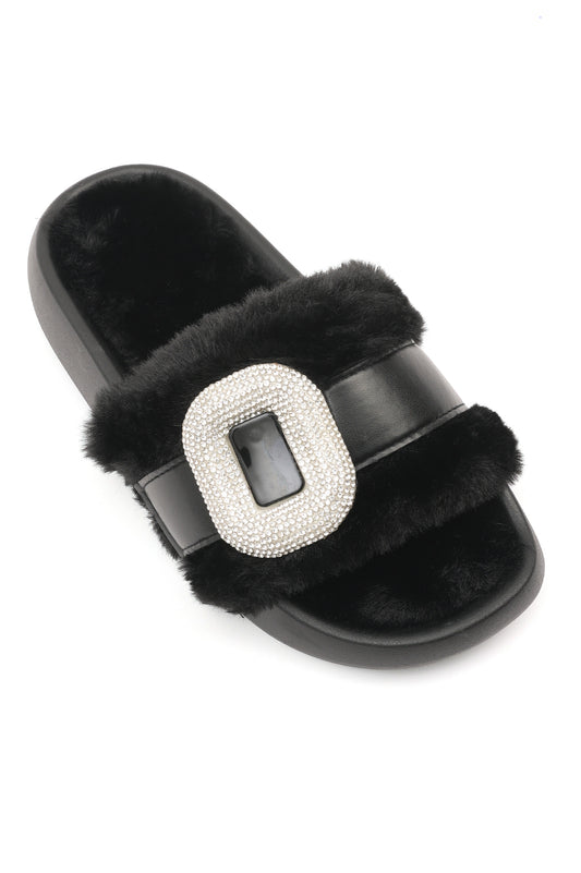 PLUSH GLAM FUR SLIDES-BLACK