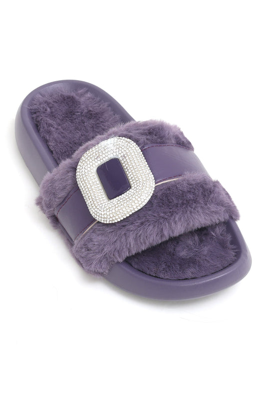 PLUSH GLAM FUR SLIDES-PURPLE