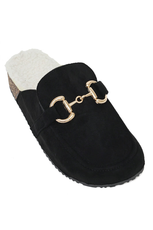 SUEDE FUR-LINED HORSEBIT CLOGS-BLACK