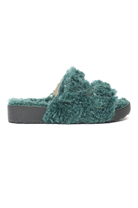 FUZZY DOUBLE-BUCKLE SANDALS-GREEN