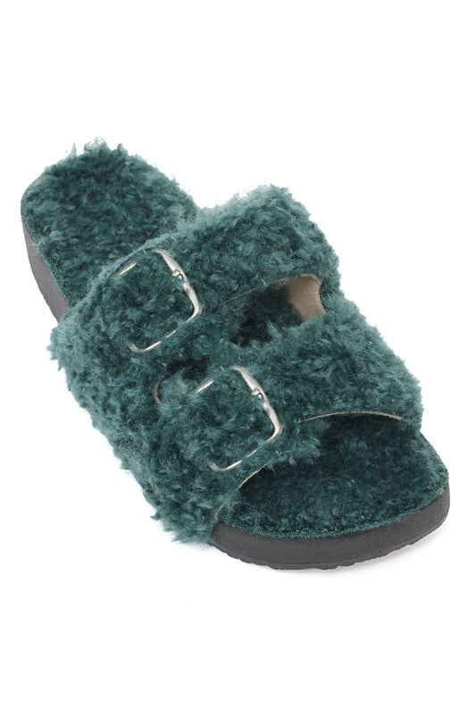 FUZZY DOUBLE-BUCKLE SANDALS-GREEN