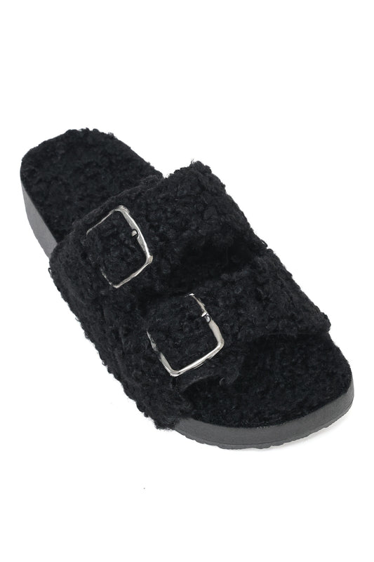 FUZZY DOUBLE-BUCKLE SANDALS-BLACK