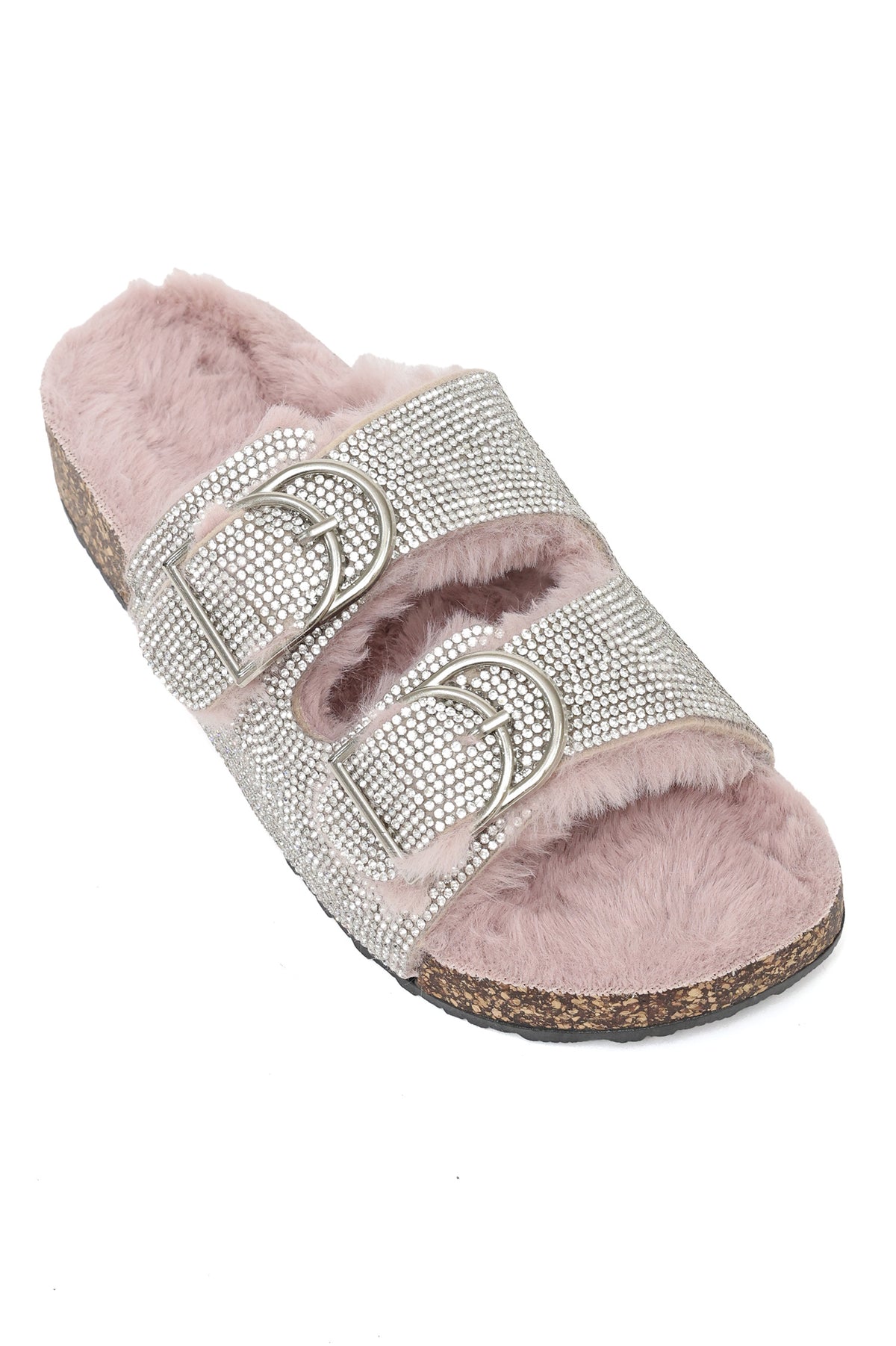 RHINESTONE DOUBLE-BUCKLE FUR SLIDES-PINK