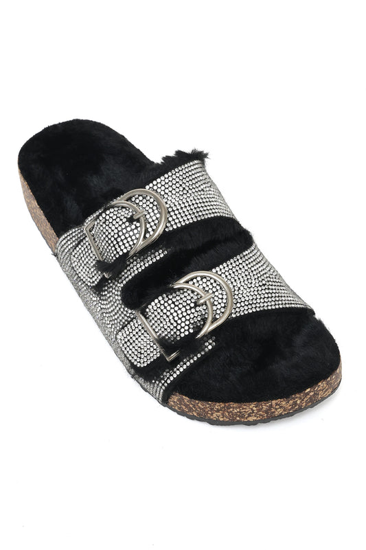 RHINESTONE DOUBLE-BUCKLE FUR SLIDES-BLACK