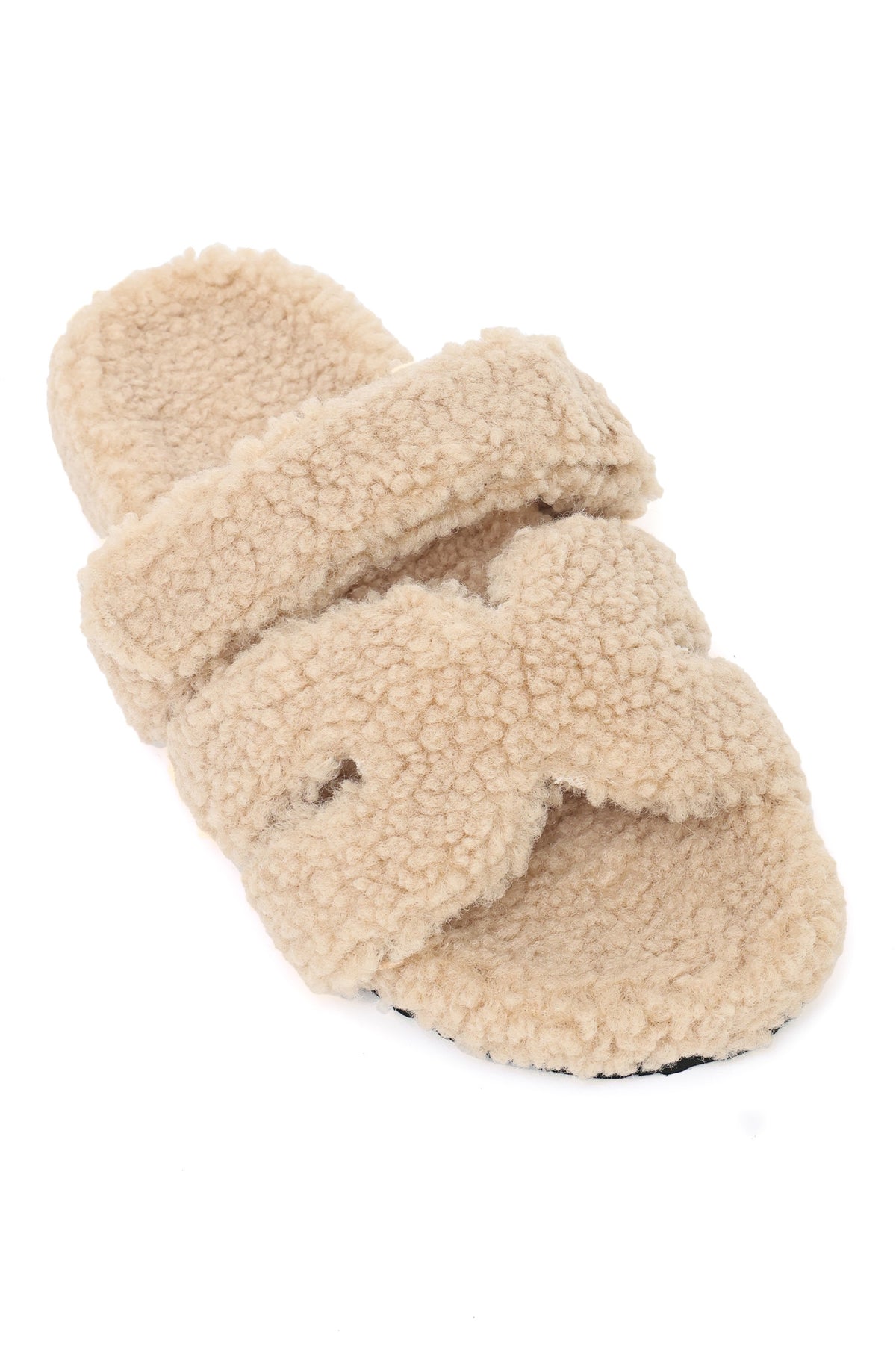 PLUSH CROSS-STRAP SLIDES-CAMEL