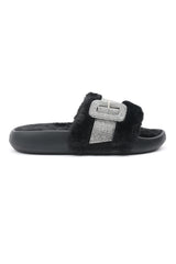 CRYSTAL BUCKLE FUR SLIDES-BLACK