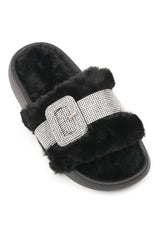 CRYSTAL BUCKLE FUR SLIDES-BLACK