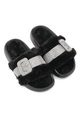 CRYSTAL BUCKLE FUR SLIDES-BLACK