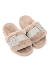 CRYSTAL BUCKLE FUR SLIDES-KHAKI