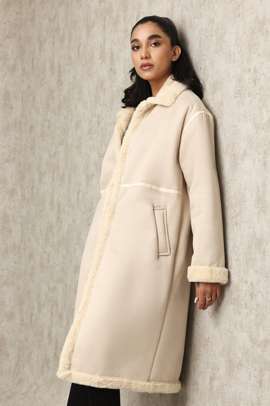 CHIC LONGLINE COAT WITH LUXE SHEARLING TRIM-BEIGE