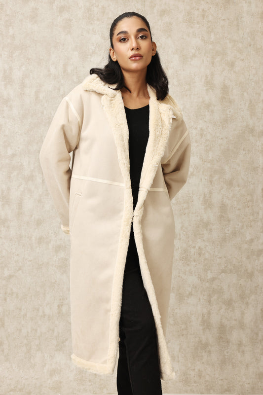 CHIC LONGLINE COAT WITH LUXE SHEARLING TRIM-BEIGE