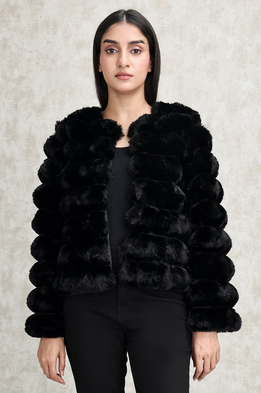 PLUSH FAUX FUR JACKET-BLACK