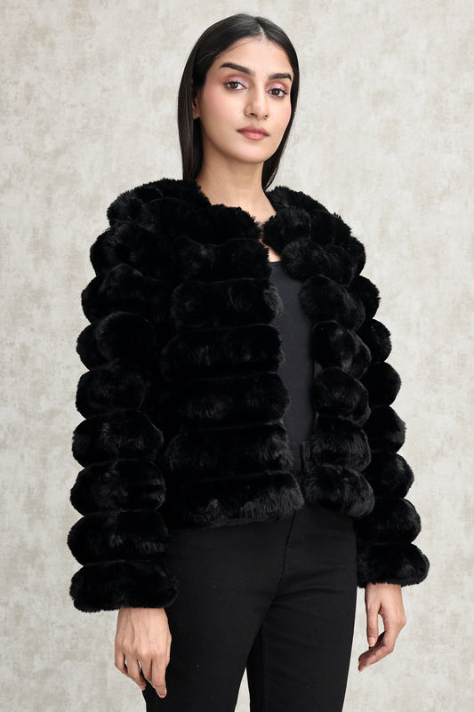 PLUSH FAUX FUR JACKET-BLACK