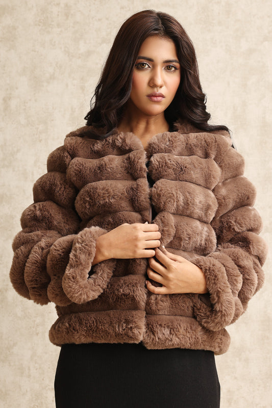 PLUSH FAUX FUR JACKET-COFFEE