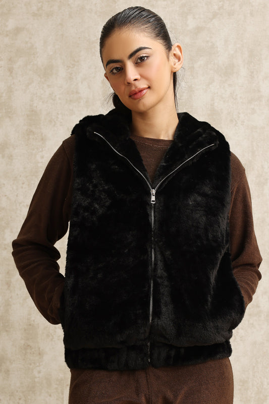 COZY SLEEVELESS FUR JACKET-BLACK