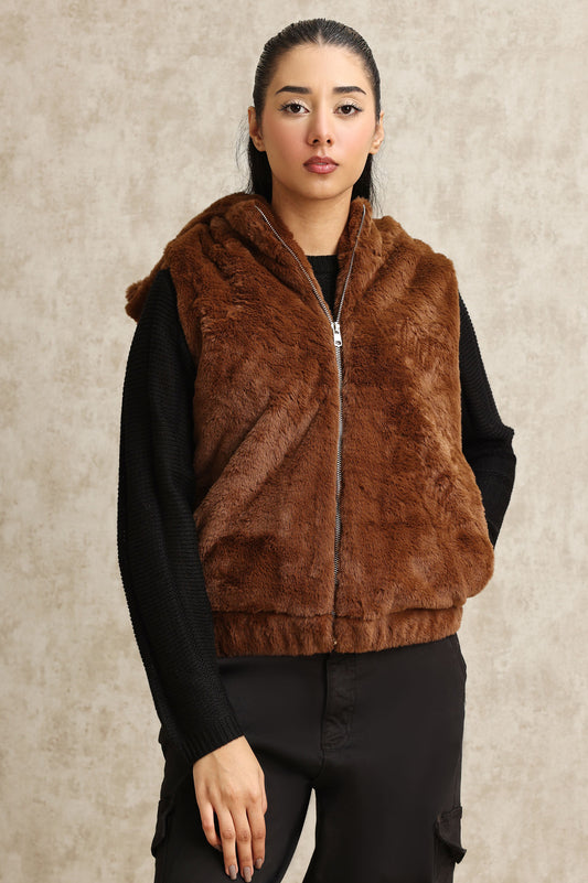 COZY SLEEVELESS FUR JACKET-COFFEE