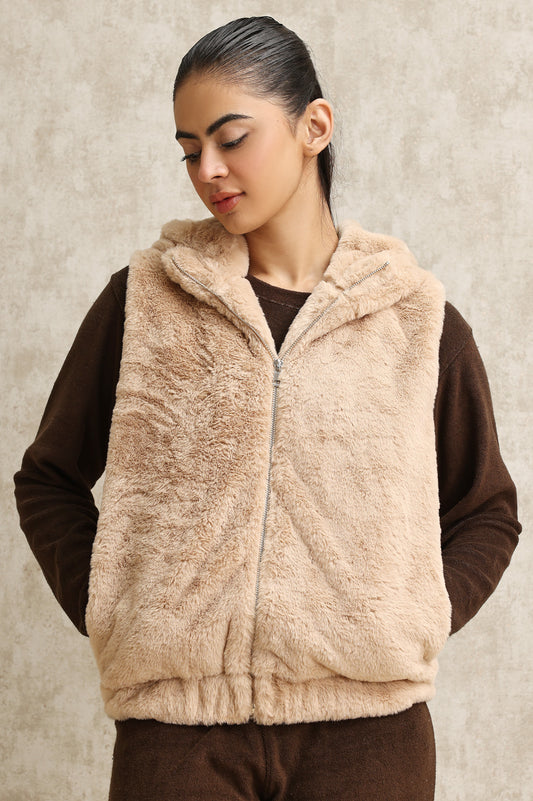 COZY SLEEVELESS FUR JACKET-KHAKI