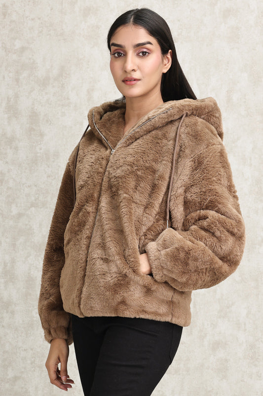 PLUSH HOODED JACKET-CAMEL