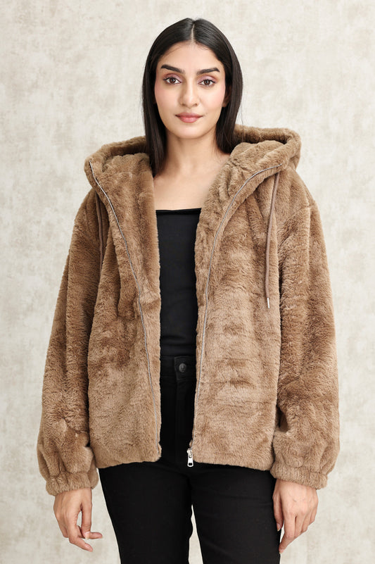 PLUSH HOODED JACKET-CAMEL