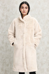 VELVETY FAUX FUR OVERCOAT-BEIGE