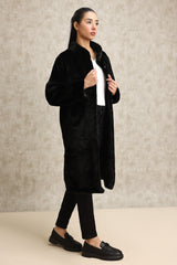 VELVETY FAUX FUR OVERCOAT-BLACK