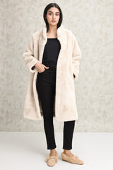 VELVETY FAUX FUR OVERCOAT-BEIGE