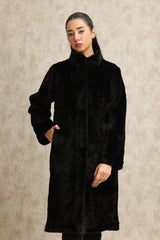 VELVETY FAUX FUR OVERCOAT-BLACK