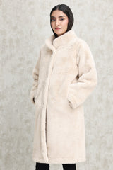 VELVETY FAUX FUR OVERCOAT-BEIGE