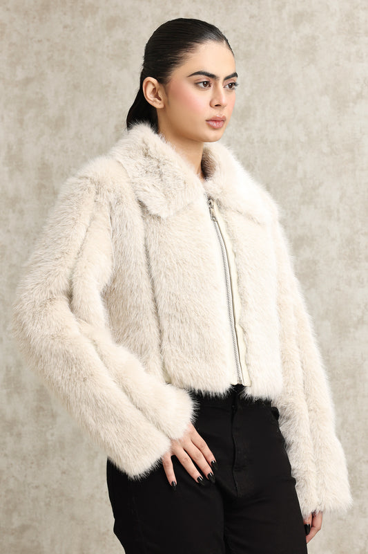 PLUSH ZIP-UP FUR JACKET-BEIGE