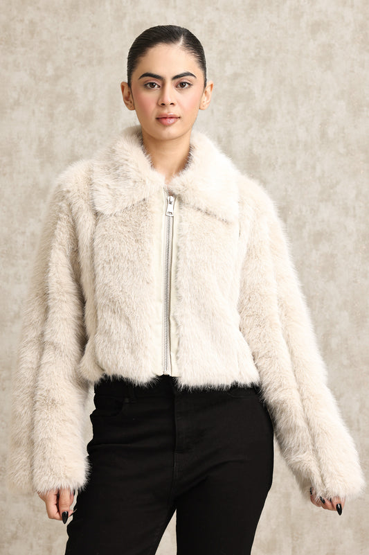 PLUSH ZIP-UP FUR JACKET-BEIGE