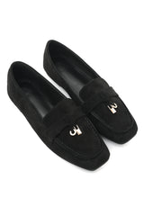 SUEDE LOCK CHARM LOAFERS-BLACK