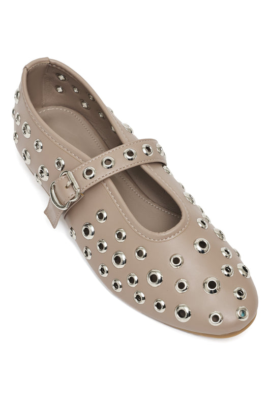 RIVETED MARY JANE FLATS-KHAKI