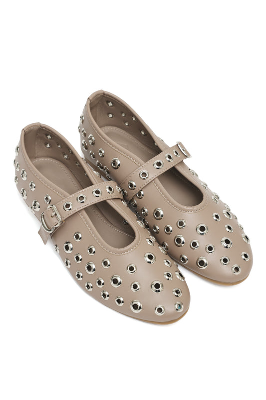 RIVETED MARY JANE FLATS-KHAKI