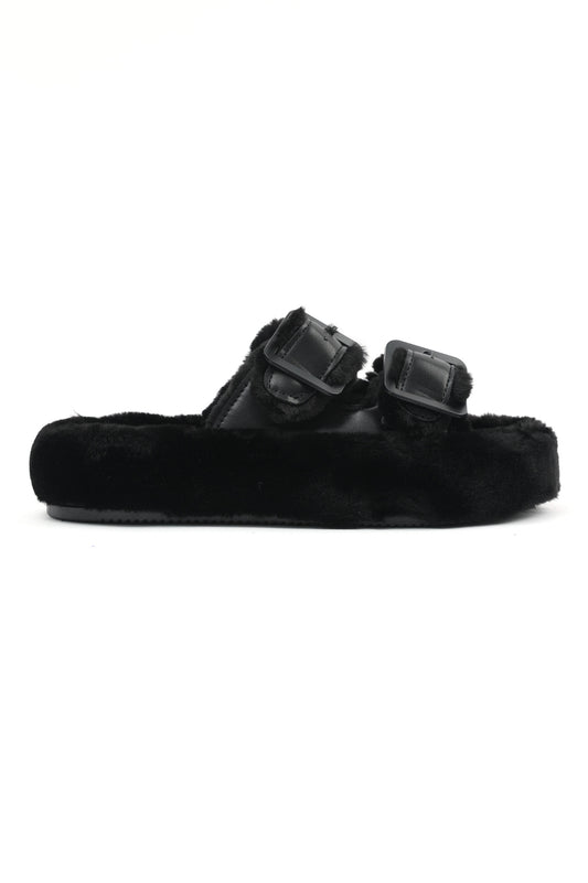 PLUSH BUCKLE SLIDES-BLACK