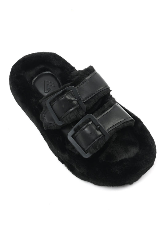 PLUSH BUCKLE SLIDES-BLACK