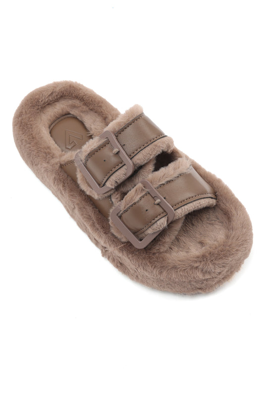 PLUSH BUCKLE SLIDES-KHAKI