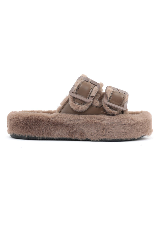 PLUSH BUCKLE SLIDES-KHAKI